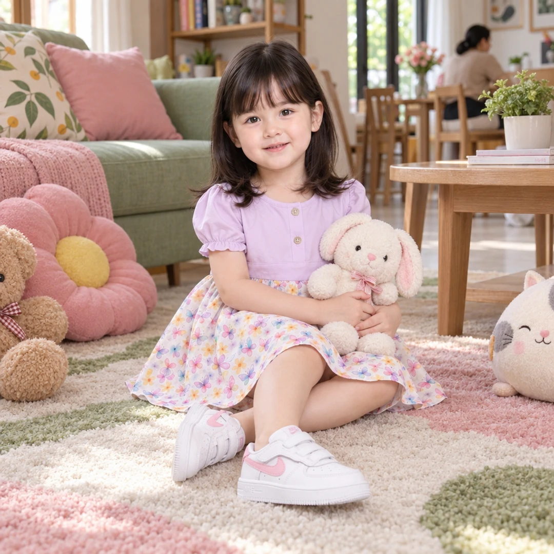 niatnya cuma duduk sebentar di ruang tamu, eh malah jadi sesi peluk-peluk bunny sampai lupa waktu 🐰

aku suka banget sama dress lilac bermotif bunga dan kupu-kupu ini, terus sepatu putih aksen pinknya bikin langkah kecilnya makin gemas. rumah jadi rame sendiri…

detail baju dan sepatunya ada di link bio ya

#DressAnak #SepatuAnak #LilacOutfit #PinkAndWhite #StyleAnak #FashionAnak #OutfitAnak