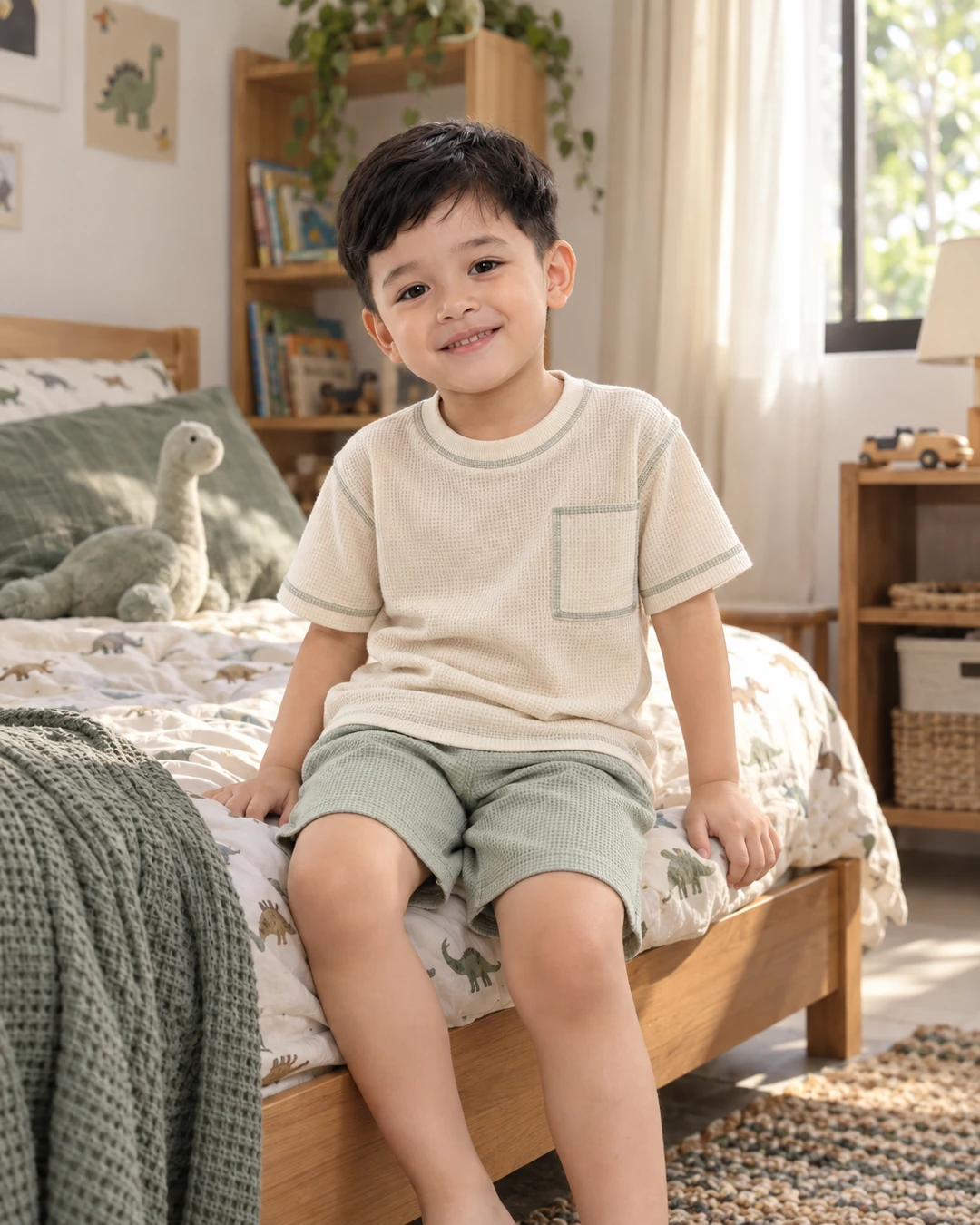Cahaya pagi masuk kamar, dia langsung duduk di ujung kasur sambil senyum lebar ☀️

Aku suka banget kombinasi atasan krem dengan detail hijau sage ini, kelihatan kalem tapi tetap gemas. Celana pendeknya juga bikin geraknya bebas buat main seharian… warna begini favorit kalian juga nggak?
